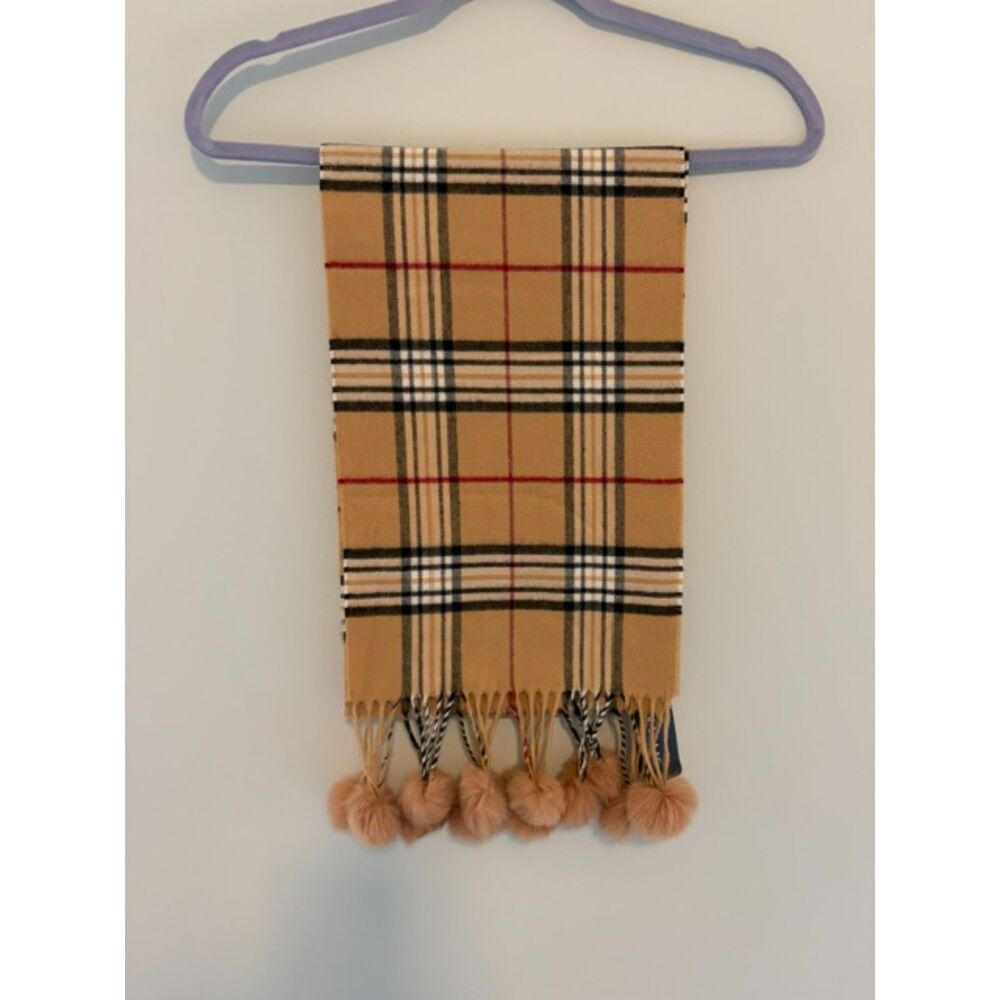 NWT V. Fraas Plaid Christmas Holiday Winter Pom Pom Scarf